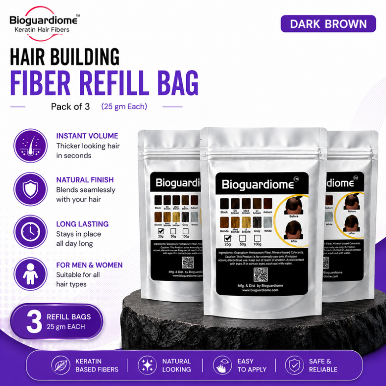 Bioguardiome Hair Building Fiber Refill Bag (Dark Brown) – 25 gm Each | Pack of 3 | Keratin Hair Fibers for Thinning Hair