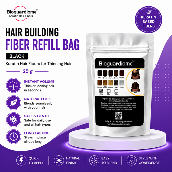 Bioguardiome Hair Building Fiber Refill Bag (Black) | Keratin Hair Fibers for Thinning Hair | 25 g
