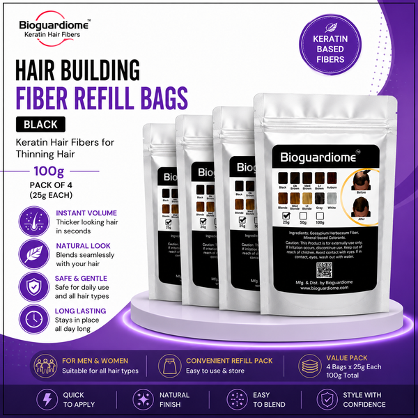 Bioguardiome Hair Building Fiber Refill Bags (Black) – 100g Pack of 4 | Keratin Hair Fibers for Thinning Hair | Hair Thickening Fibers for Men & Women