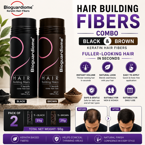 Bioguardiome Hair Building Fibers Combo pack containing black and brown fiber bottles
