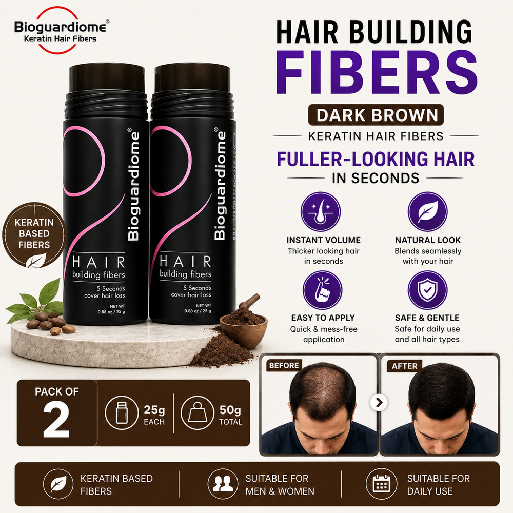 Bioguardiome Hair Building Fibers Dark Brown hair fibers in a 2-pack of 25g sticks