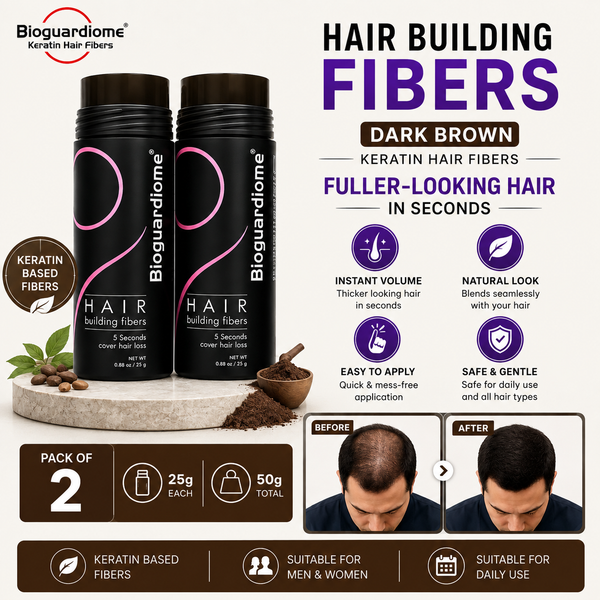 Bioguardiome Hair Building Fibers Dark Brown hair fibers in a 2-pack of 25g sticks