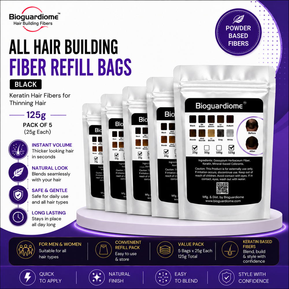 Bioguardiome Hair Building Fiber Refill Bags (Black) – 125g Pack of 5 | Keratin Hair Fibers for Thinning Hair